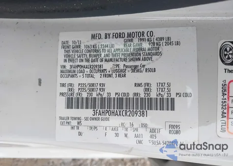 2012 Ford Fusion Se from USA, damaged, VIN 3FAHP0HAXCR209381